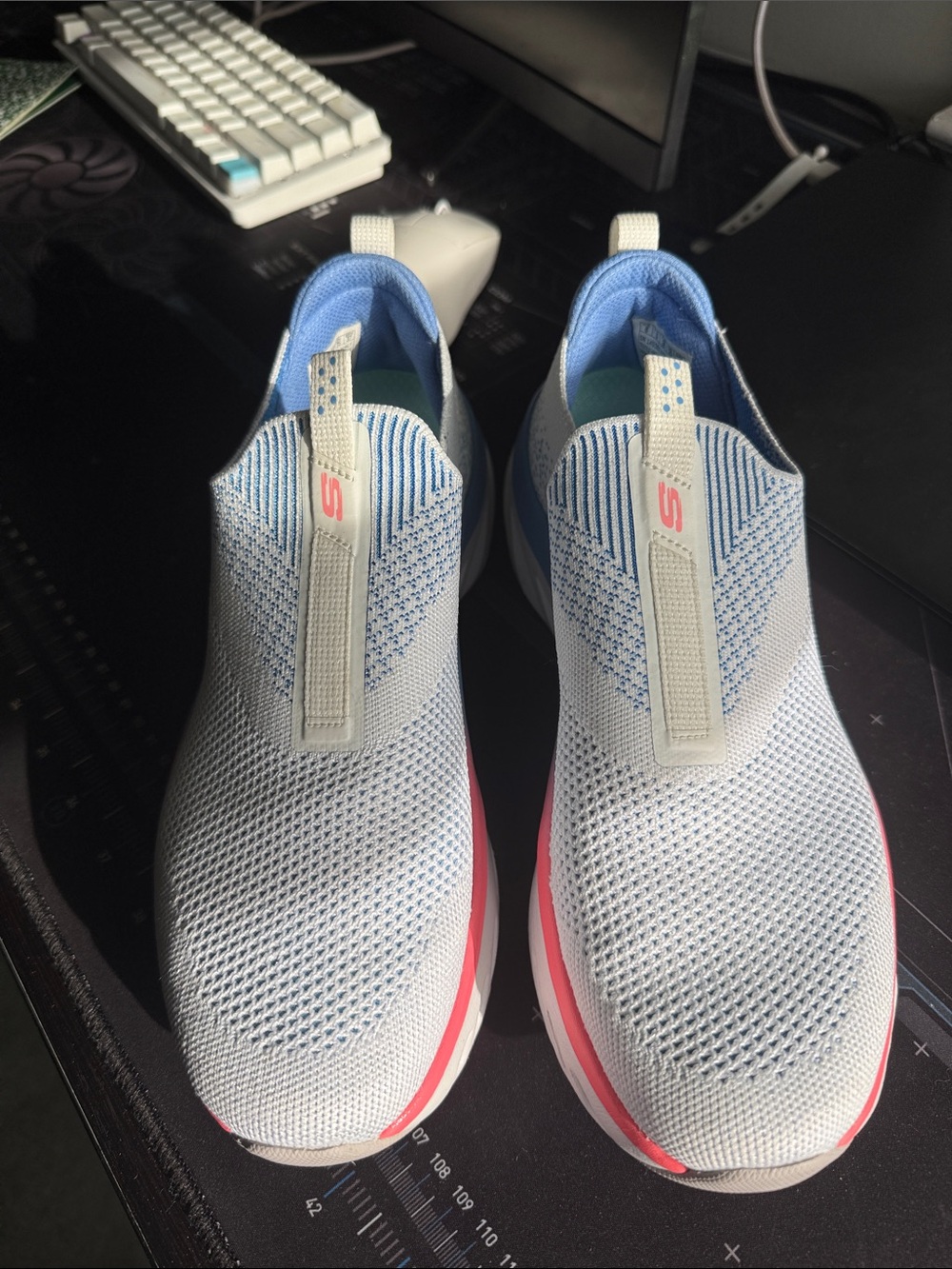 Skechers Slip-On Knit Sneakers in White, Blue & Pink Trim
